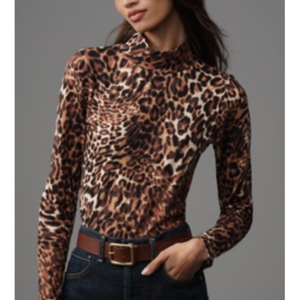 Anthropologie Maeve Hailey Leopard Print Mock Neck Long Sleeve Top Brown Small